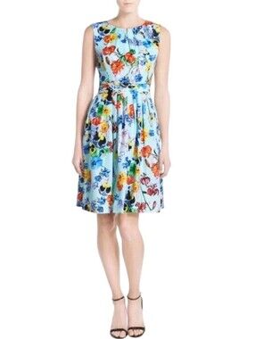Ellen Tracy Aqua Multi Floral Print Twill Fit-n-Flair Dress
